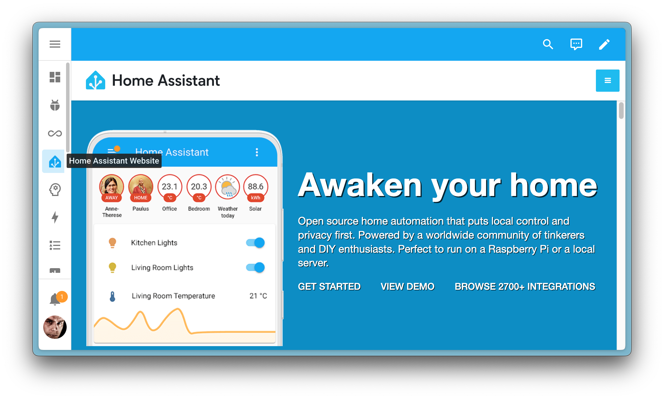 展示使用网页仪表板将Home Assistant网站嵌入到Home Assistant前端的截图。